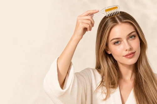 Mujer aplicando sérum en la raíz con VitalRoot