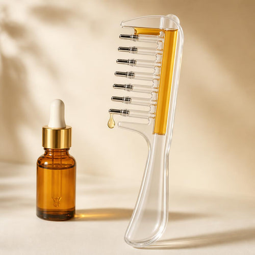 Peine aplicador VitalRoot con sérum dorado y frasco cuentagotas